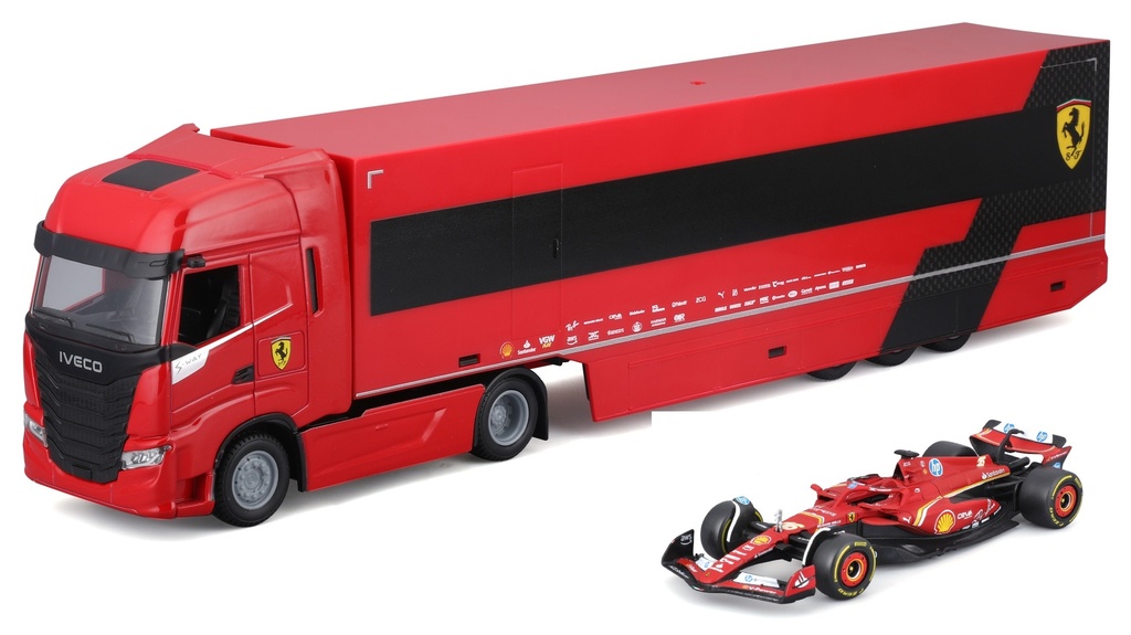 Burago - Camion Ferrari F1 - Iveco S-Way 570 -  Avec 1 Ferrari SF-24 - #16 Charles Leclerc - 1/43