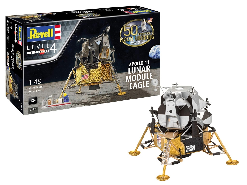 Revell 03701 - Apollo 11 - Module Lunaire Eagle - 1/48 - 14.1 cm hauteur - 75 pièces - avec peintures et colle