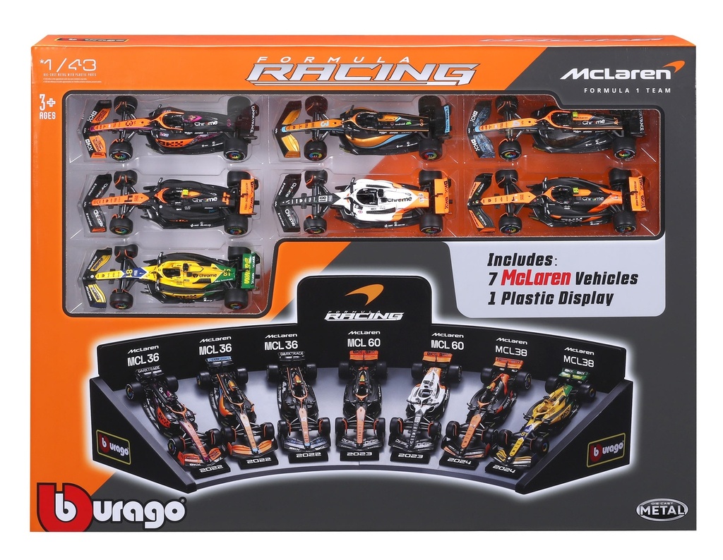 Burago - Lot de présentation de 7 Formule 1 McLaren - 2022 à 2024 - (avec présentoir) 1/43