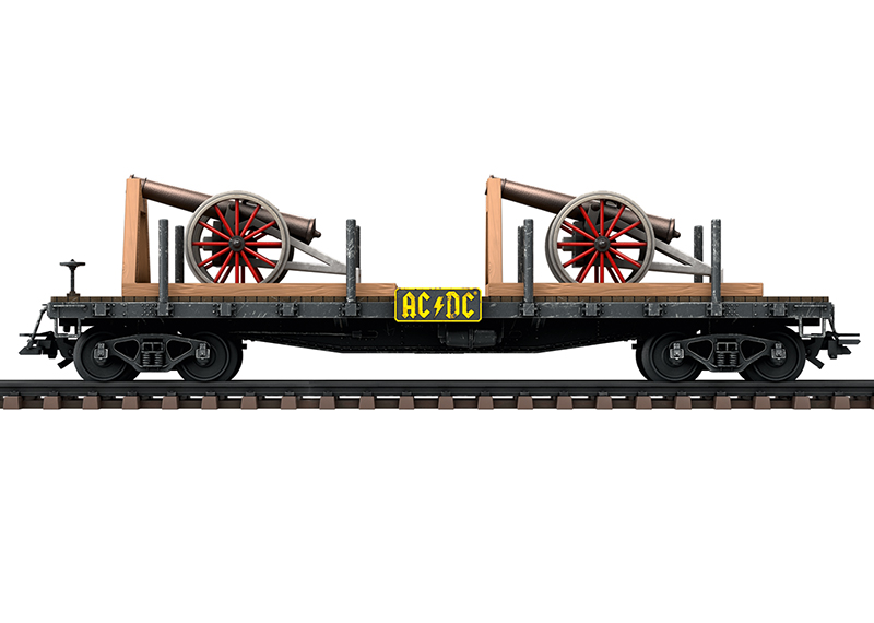 Märklin 46930 - AC/DC BLACK ICE 2008 World Tour - Wagons à ranchers "For those about to rock" - Avec 2 canons en laiton - Aux couleurs du légendaire groupe de rock AC/DC - Wagon avec effet patiné réalisé à la main - HO