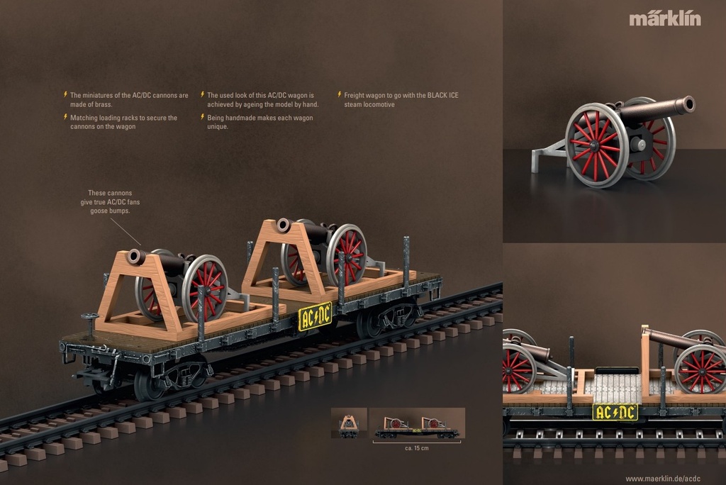 Märklin 46930 - AC/DC BLACK ICE 2008 World Tour - Wagons à ranchers "For those about to rock" - Avec 2 canons en laiton - Aux couleurs du légendaire groupe de rock AC/DC - Wagon avec effet patiné réalisé à la main - HO