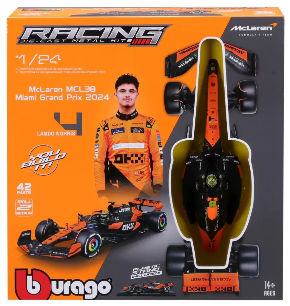 Burago - McLaren F1 MCL38 - Lando Norris - Miami Grand-Prix 2024 - Kit à assembler de 42 pièces - 1/24