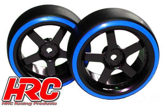 HRC - Pneus - 1/10 Drift - montés sur Jantes 5 branches - Dual Color - Slick - Noir/Bleu (2 pces)