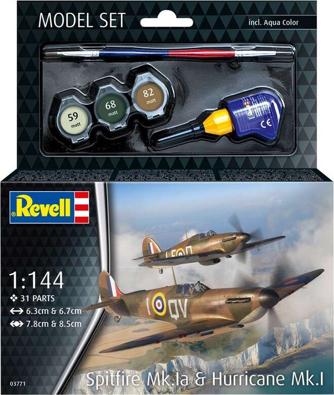 Revell 63771 - Gift Set Supermarine Spitfire Mk.Ia & Hawker Hurricane Mk.I - 1/144 - 7.8 et 8.5 cm envergures - 31 pièces