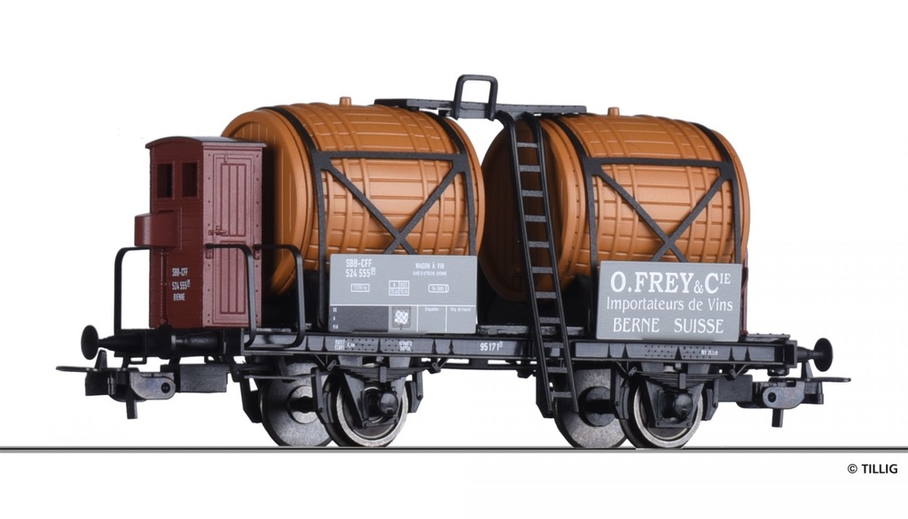 Tillig-Bahn 76763 - Wagon tonneau "O. Frey & Cie - Vins" avec cabine de freinage - SBB-CFF - HO