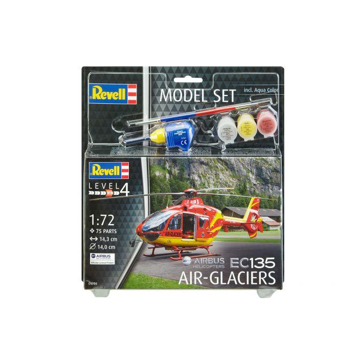 Revell 64986 - Model Set Airbus Hélicopters EC135 Air-Glaciers - 1/72 - 14.3 cm largeur - Suisse - avec peintures et colle