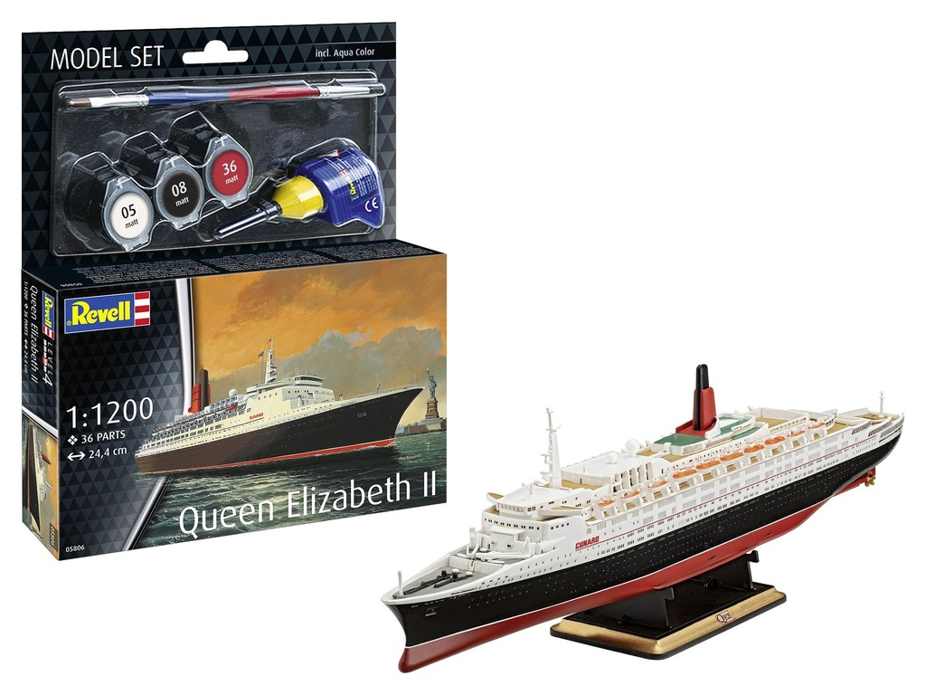 Revell 65806 - Gift Set "Queen Elisabeth II" - 24.4 cm long - 36 pièces - 1/1200 - avec peintures et colle