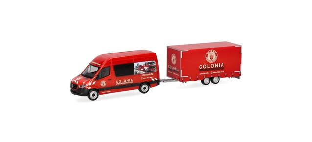 Herpa 098618 - Mercedes-Benz Sprinter '18 minibus à toit surélevé avec remorque tandem « Colonia » - 1/87