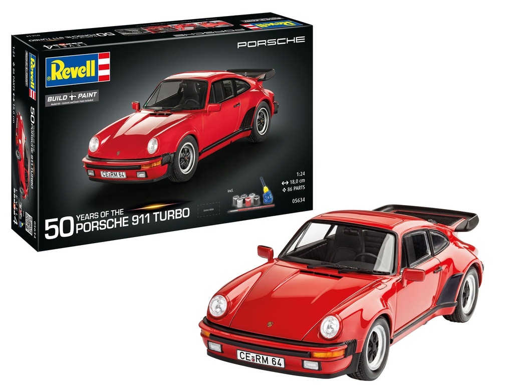 Revell 05634 - Gift Set - Porsche 911 Turbo - 50th Anniversary - 18 cm long - 86 pièces - 1/24 (y compris colle, peinture et pinceau)