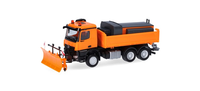 Herpa 320061 - Camion Mercedes-Benz Arocs 18 M - benne basculante trilatérale - structure d'épandage et chasse-neige - 1/87