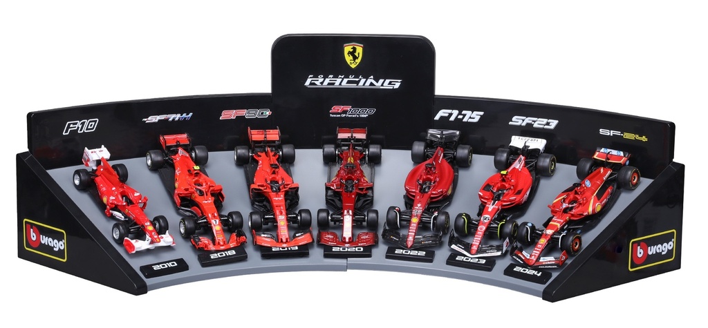 Burago - Lot de présentation de 7 Formule 1 Ferrari - 2010 à 2024 - (avec présentoir) 1/43