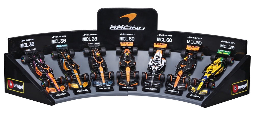 Burago - Lot de présentation de 7 Formule 1 McLaren - 2022 à 2024 - (avec présentoir) 1/43