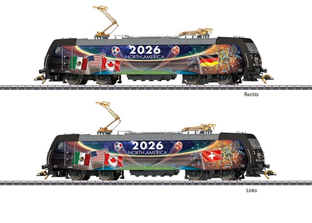 Märklin 36026 - Locomotive électrique - Série 185.2 -  Design spécial "Coupe du Monde 2026 en Amérique du Nord" avec drapeaux D/CH - Corps de la locomotive en métal - Pantographes et attelages plaqués or 24 carats - Avec certificat d'authenticité - HO