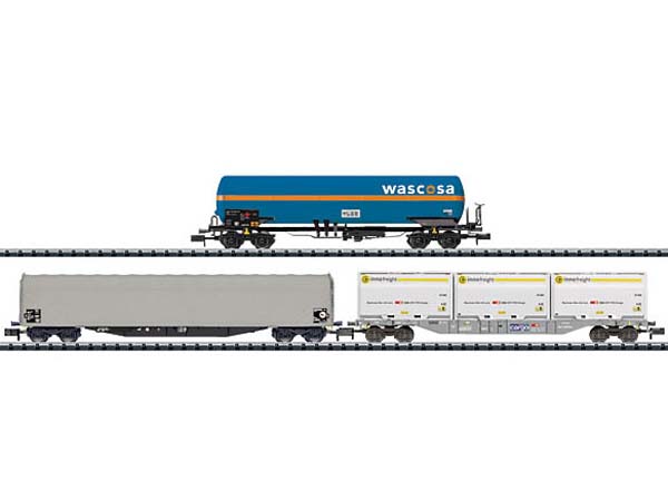 Minitrix 15443- Coffret 3 Wagons Marchandises (Citerne, conteneur, baché) - N