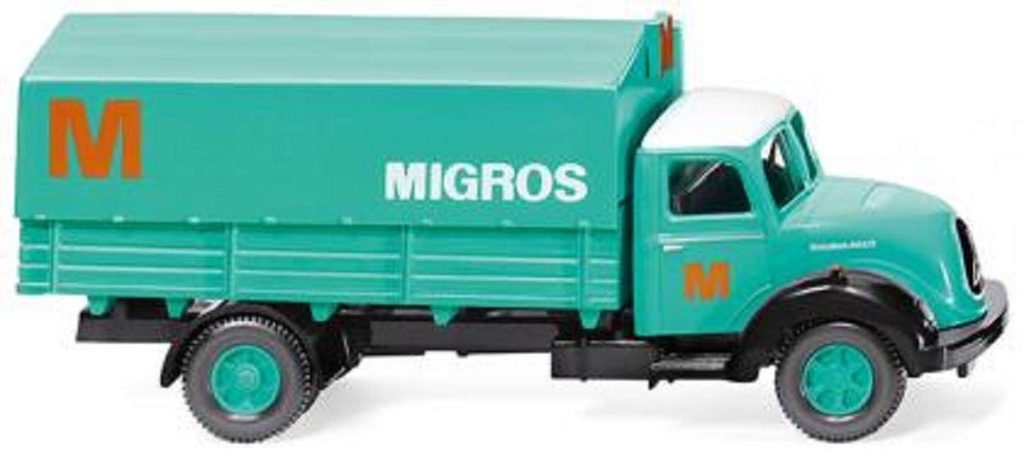Wiking 042602 - Camion à plateau Magirus Sirius avec bâche "Migros" - 1/87