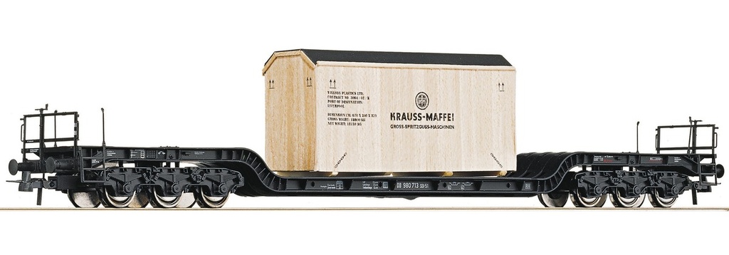 Roco 47740 - Wagon à plateforme surbaissée, chargé d'une caisse en bois     «Kraus Maffei», type SSt 51- DB - HO    