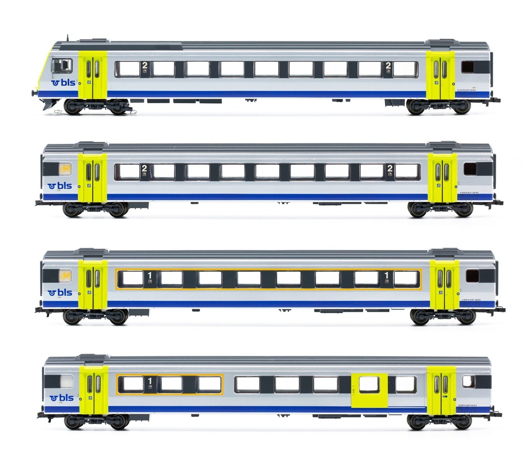 Liliput 330531 - Set de voitures passagers (4 pièces) - Voiture pilote et 1ère et 2ème classe - BLS EW III logo Omega - HO