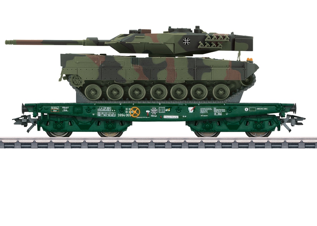 Märklin 48843 - Wagon plat pour charges lourdes Rlmmps avec char tank de combat allemand Leopard 2A6  - DB - HO