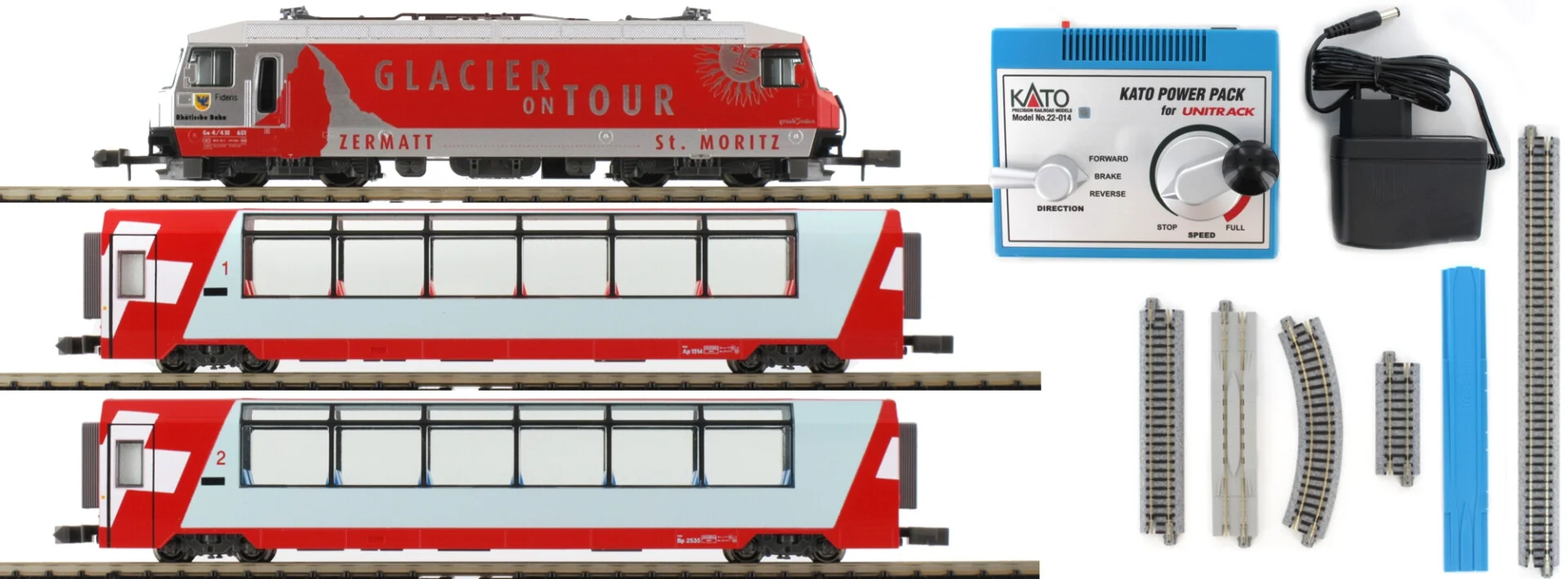 Kato - 7074067 - Kit de départ "Glacier Express" (1 locomotive Ge 4/4 et 2 wagons panorama 1ère et 2ème classe) - "N"