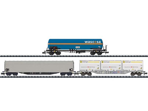 [TRI-15443] Minitrix 15443- Coffret 3 Wagons Marchandises (Citerne, conteneur, baché) - N