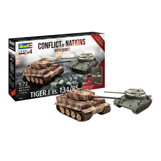 [REV-05655] Revell 05655 - Gift Set - Conflict of Nations WWII Séries - Tiger I vs. T34/85 - 1/72 - 11.2 et 11.8 cm Long - 317 pièces (y compris colle et peintures et un livre de 80 pages d'histoire et images en Allemand et Anglais)  - Edition Limitée
