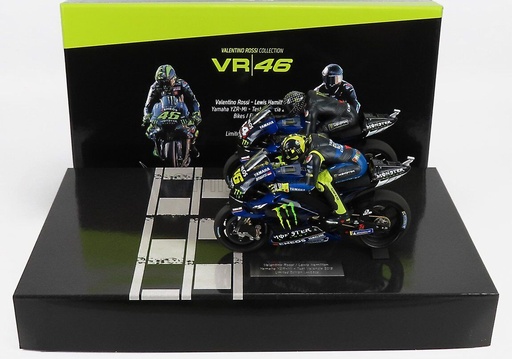 [MIN-122194446] Minichamps - Yamaha YZR-M1 - Set de 2 Motos et 2 Figurines - Valentino Rossi et Lewis Hamilton Test Valencia 2019 - 1/12